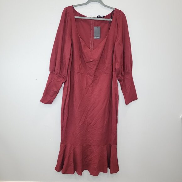 Eloquii Maroon Plus Balloon 3/5 Sleeve Red Ruffle Bodycon Burgundy Midi Dress 20 - Picture 2 of 10